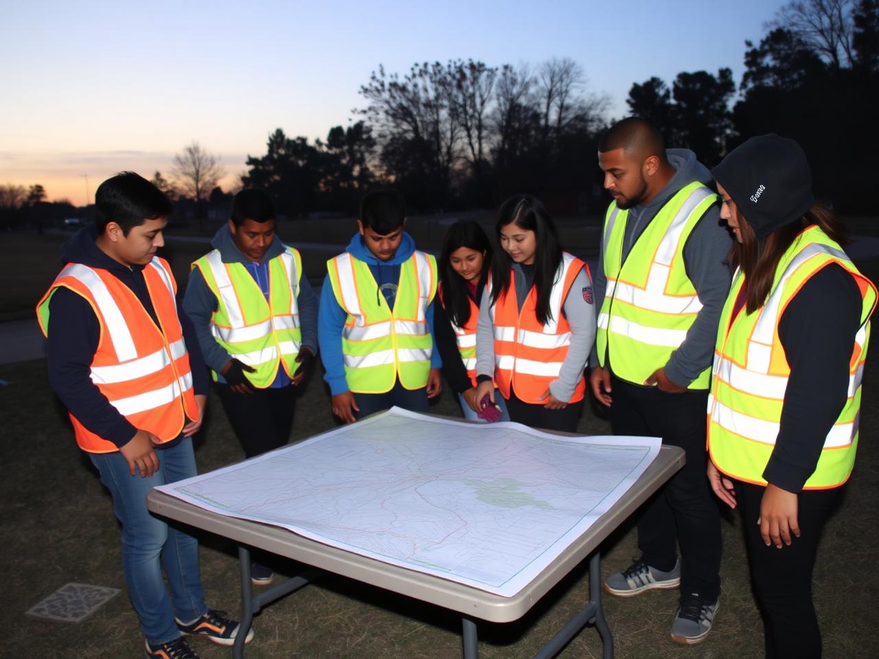 Volunteers and students organising a community search effort